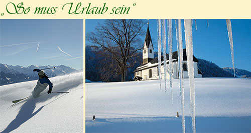 Skifahrer und Kirche